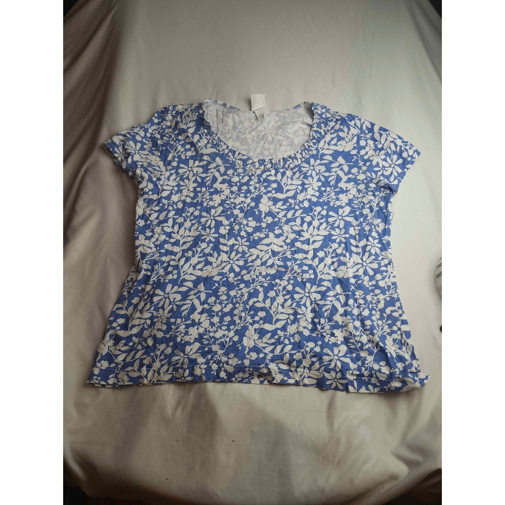 JMS Just My Size Blue White Floral Cotton Scoop Neck Top Womens 2X